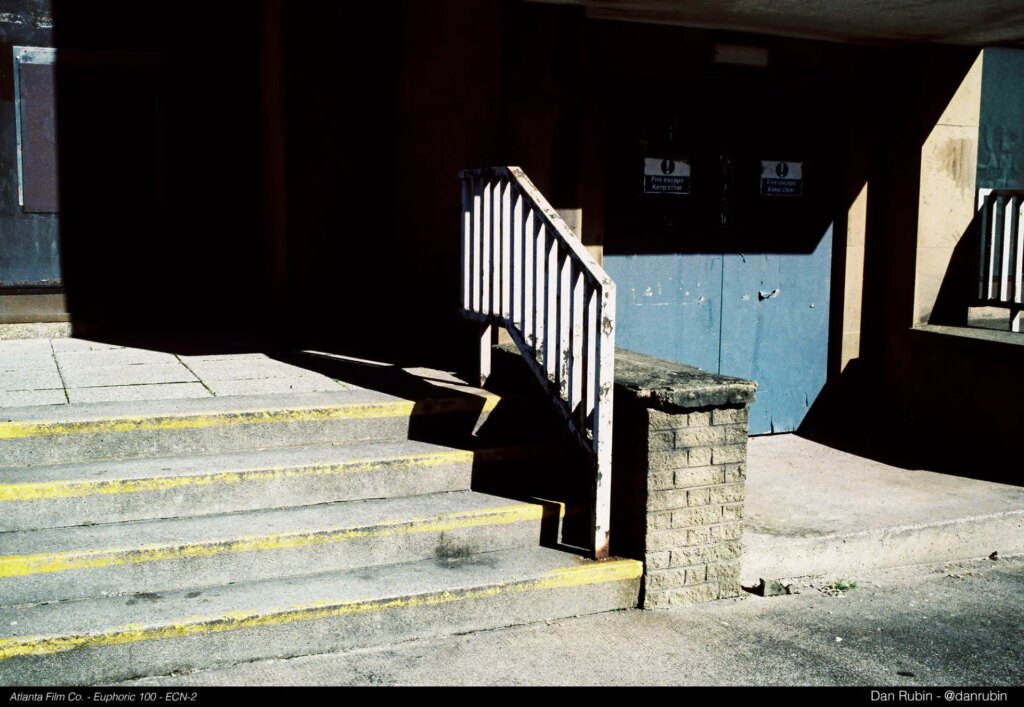 building entrance in shadow taken on euphoric 100