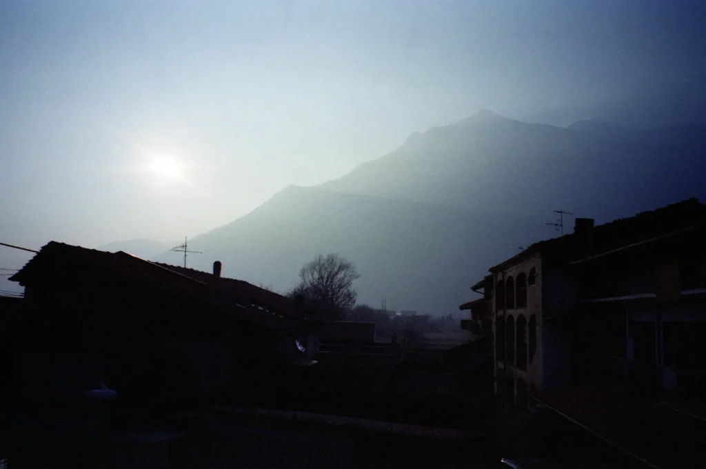 Village with mountains in the distance