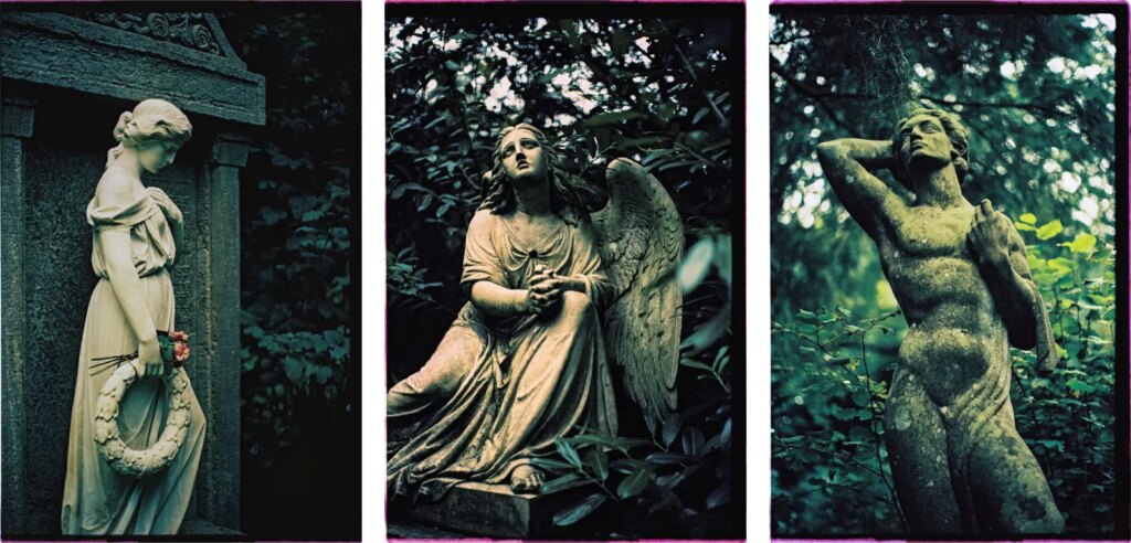A triptych of photographs showing tomb statues: two female and one male persons.