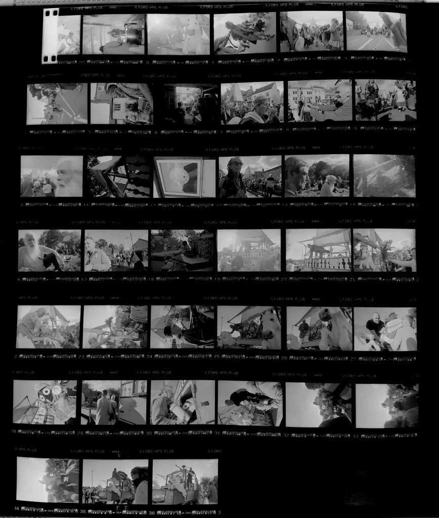 Contact sheet detailing 1 of the 2 rolls shot during Glastonbury Rathyatra.