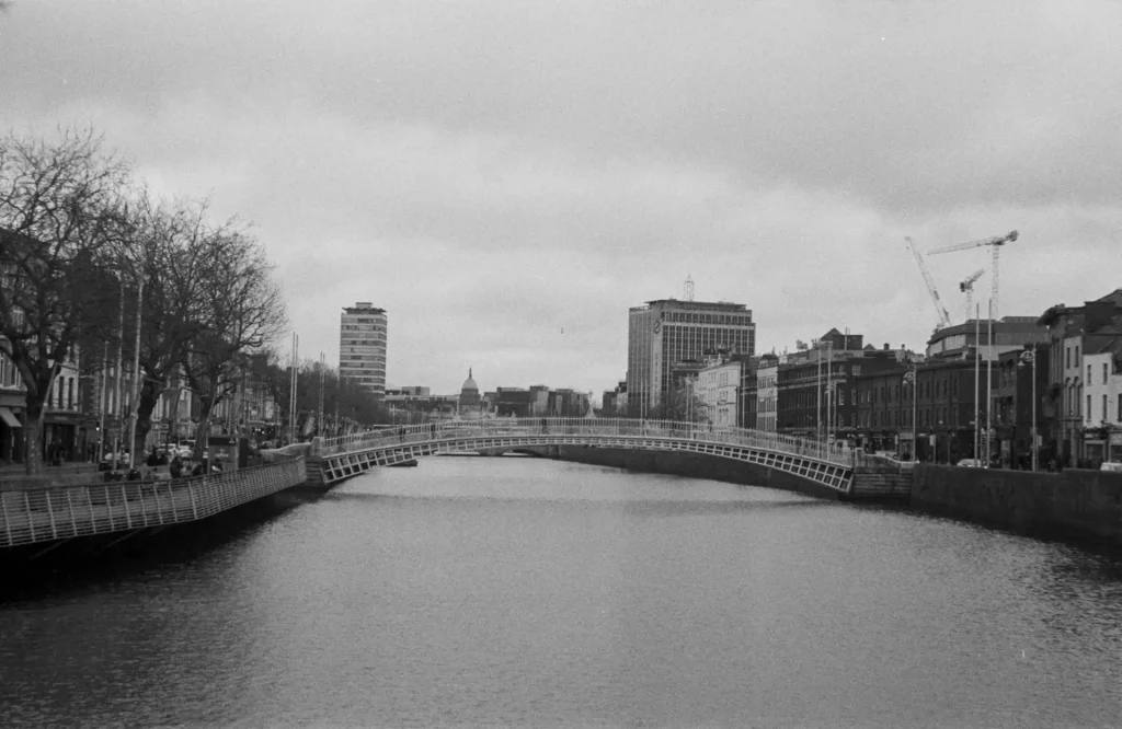 A view of the Ha'Penny Bridge in Dublin City, Ireland