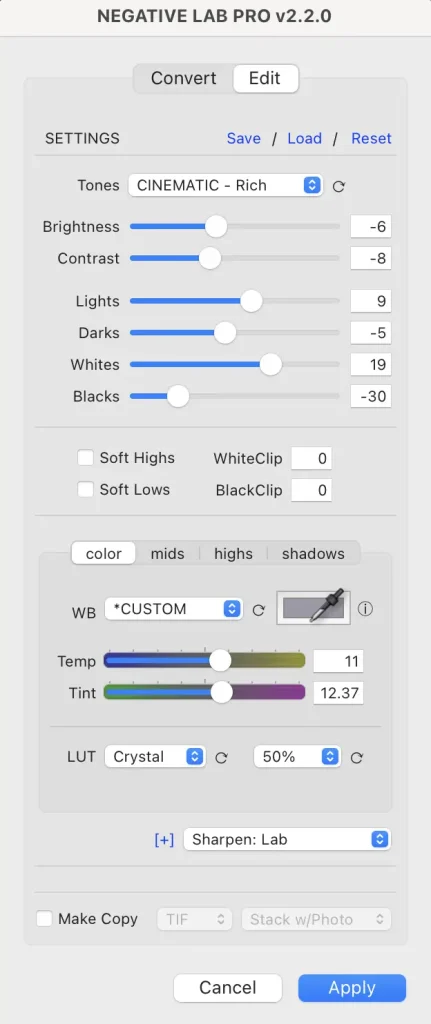 Sample NLP settings for a high contrast/high saturation image