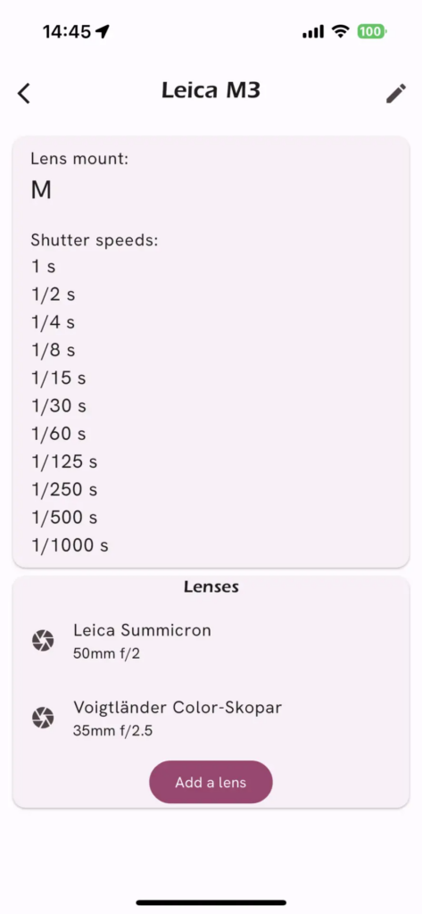 Here's a detail view of your Leica M3, showing its range of shutter speeds, and available lenses. If only we all had Leica M3s.