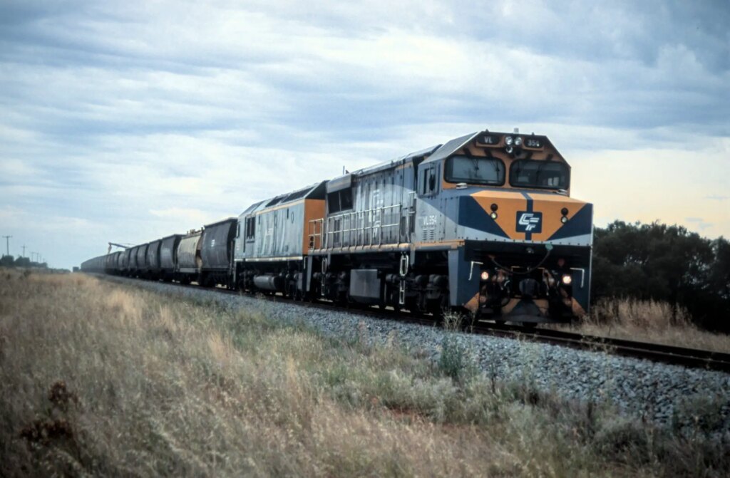 A diesel electric train pulling a long line of wheat carages being loaded at a road side silo