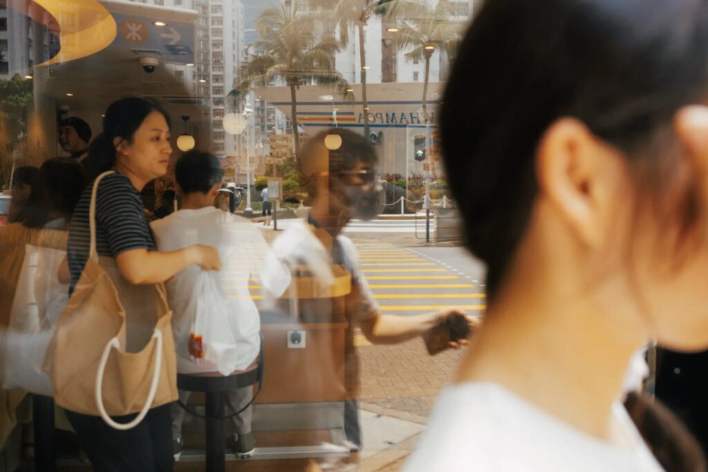 Weaving the spaces in and out of the fast food restaurant and the street crossing.