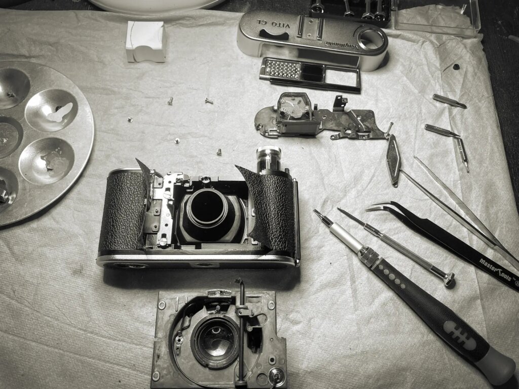 A disassembled camera