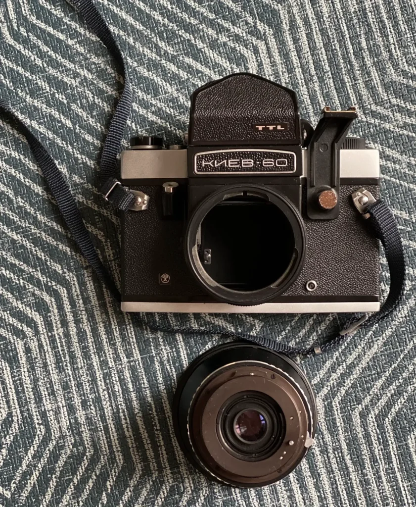 The Kiev 60 SLR camera with lens unmounted showing the mount (as well as massive mirror box)