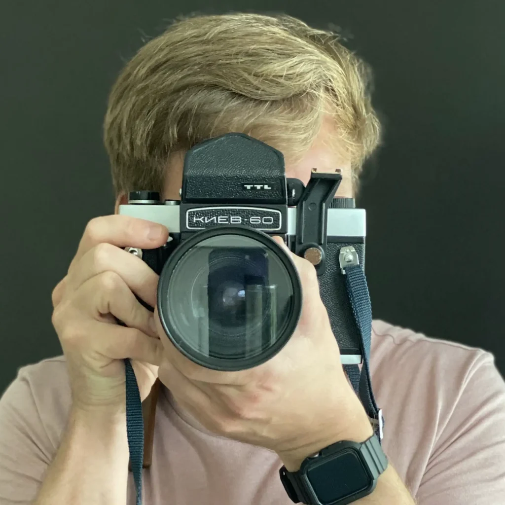 Portrait of Michael Elliott shooting Kiev 60 with Flektogon 50mm f/4 mounted.