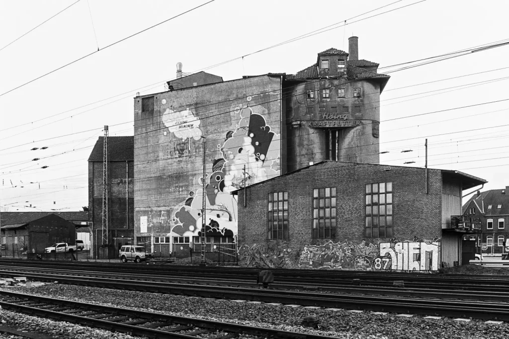 Abandoned factory in Verden seen from the railway line.