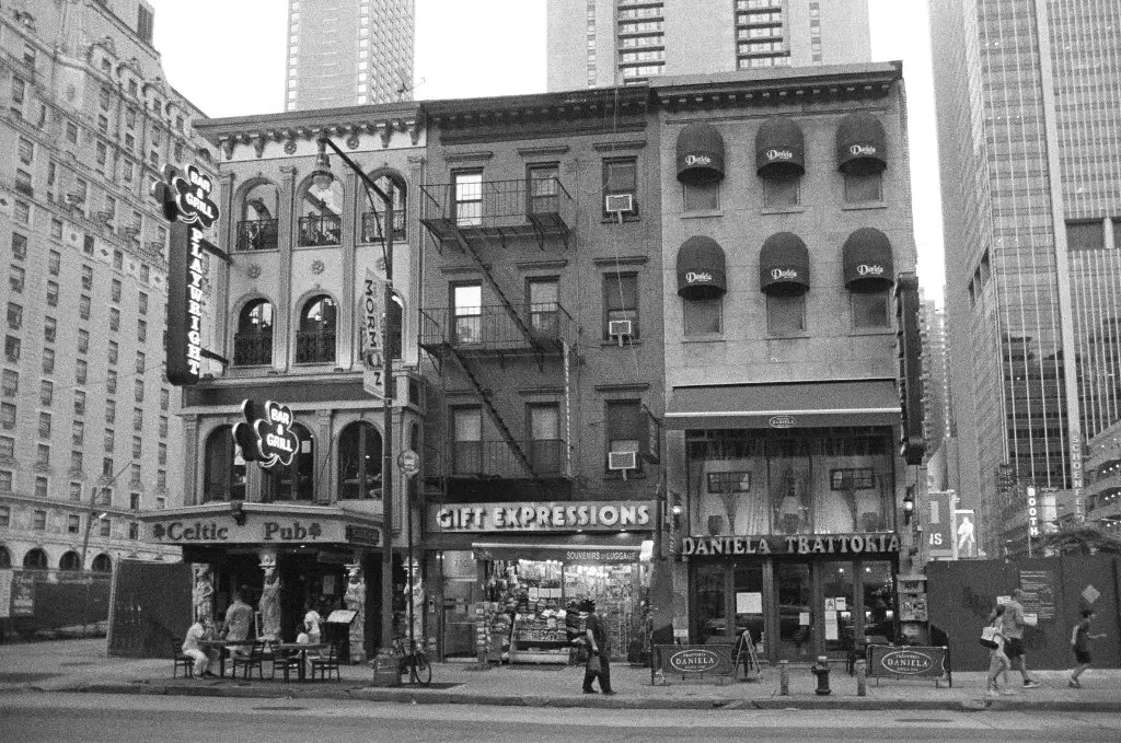 A block of restaurants taken with Ilford 3200 Film on a Minolta SRT 100 