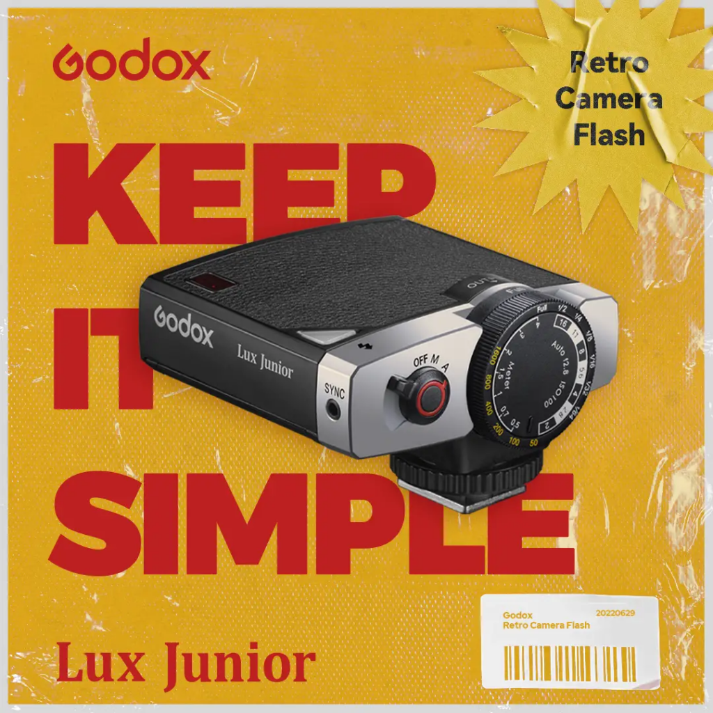 Godox Lux Junior flash pictured over letter graphics saying keep it simple