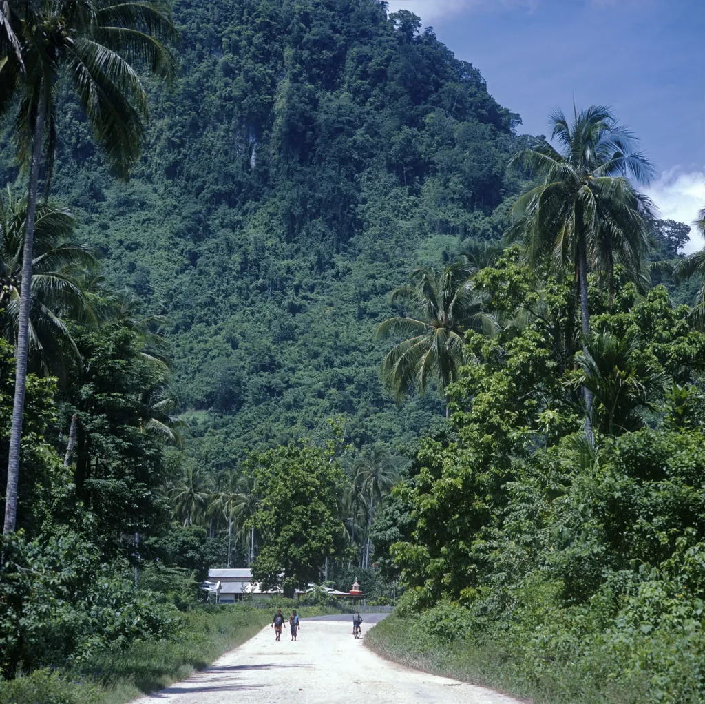 road, people church, mountain wall