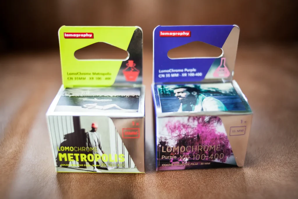 Lomography Purple and Metropolis films in their packages