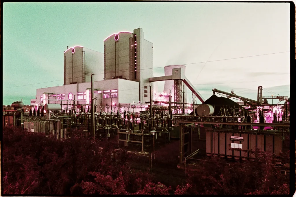 Power plant located in Herrenhausen quarter of Hannover, Germany, at dusk.