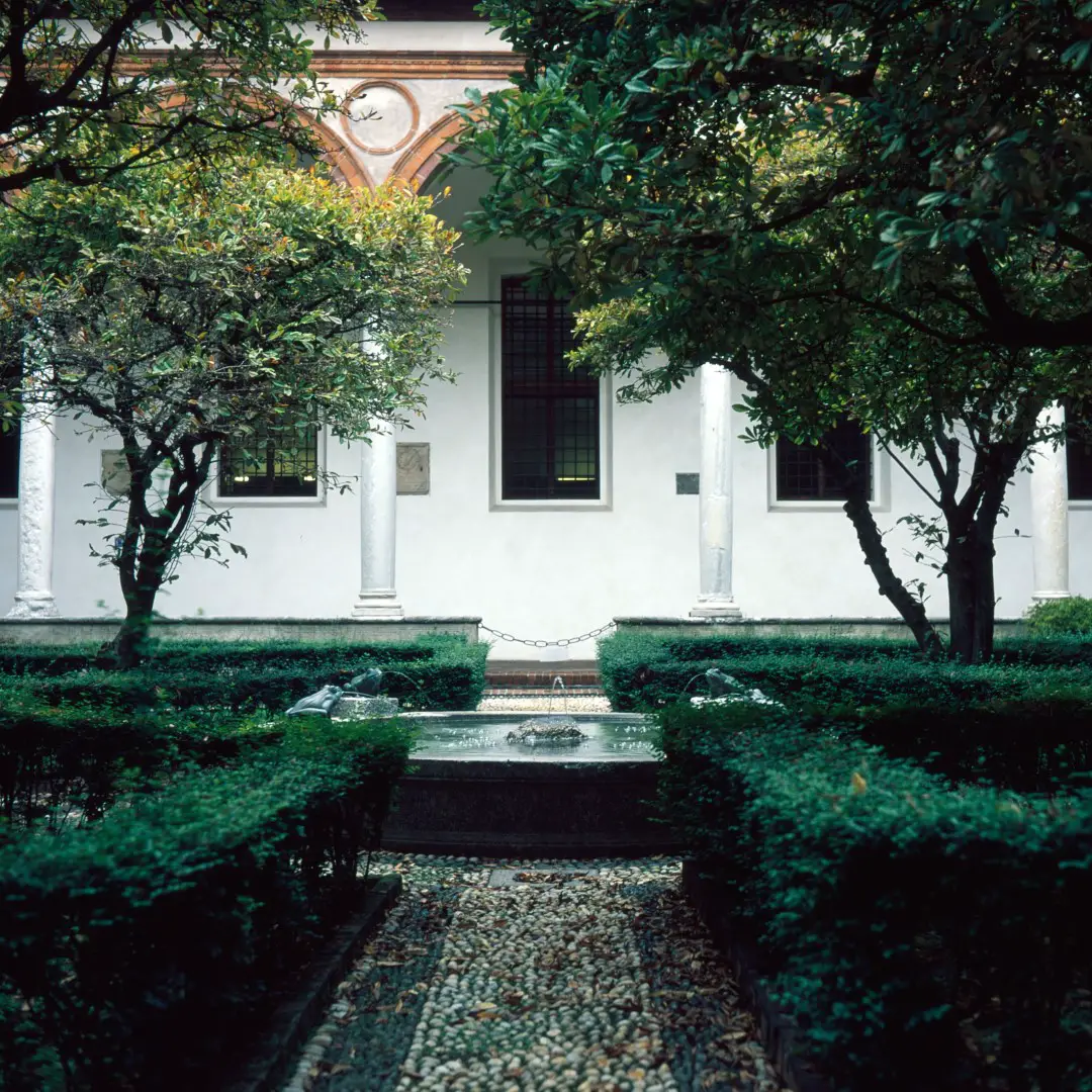 A small interior garden with a small fountain in the center.