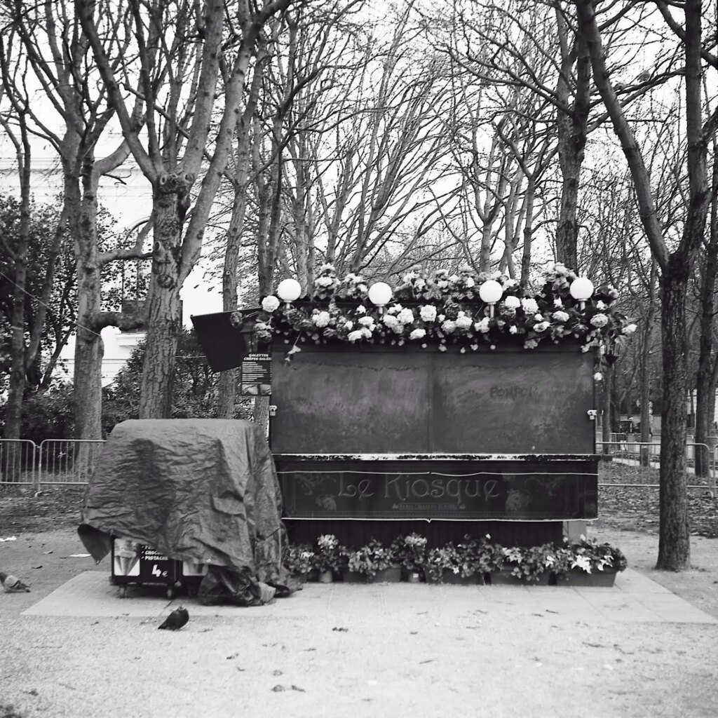 black and white image of a flower stand