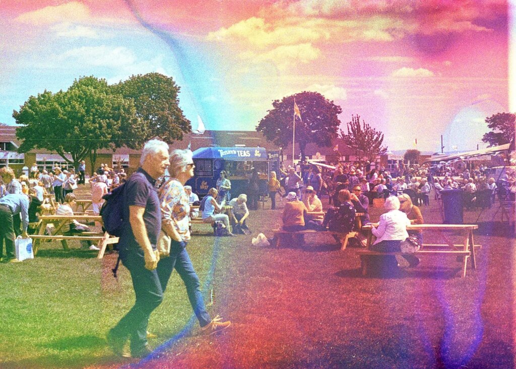 RHS Flower show Malvern crowd outside on sunny day shot on Hanalogital Spring 2022 film