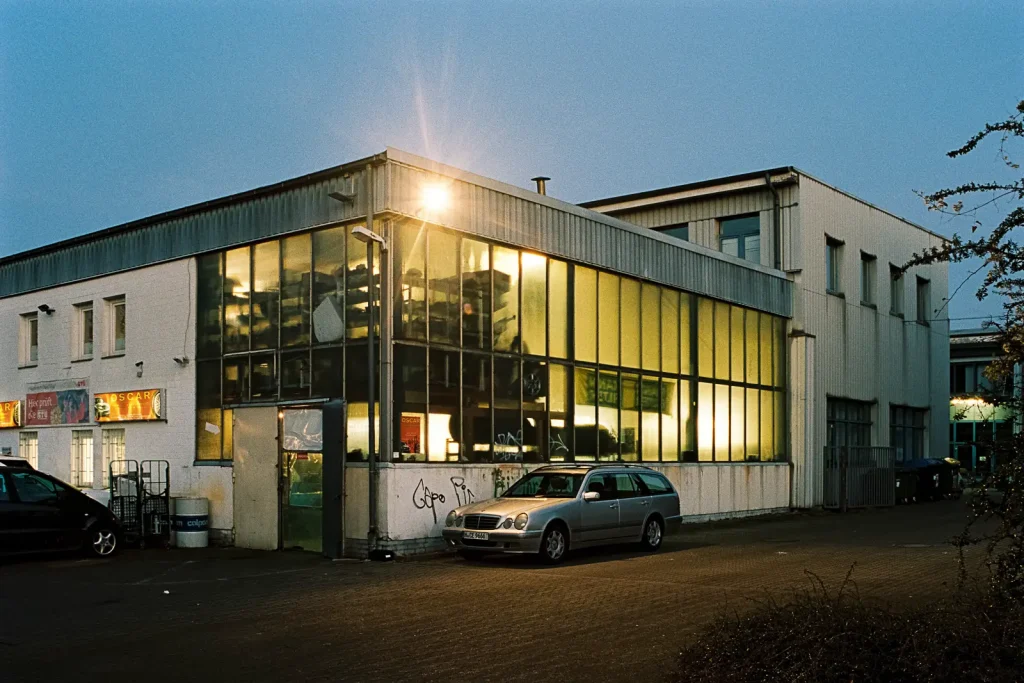 Long-time exposure of a garage at dusk.