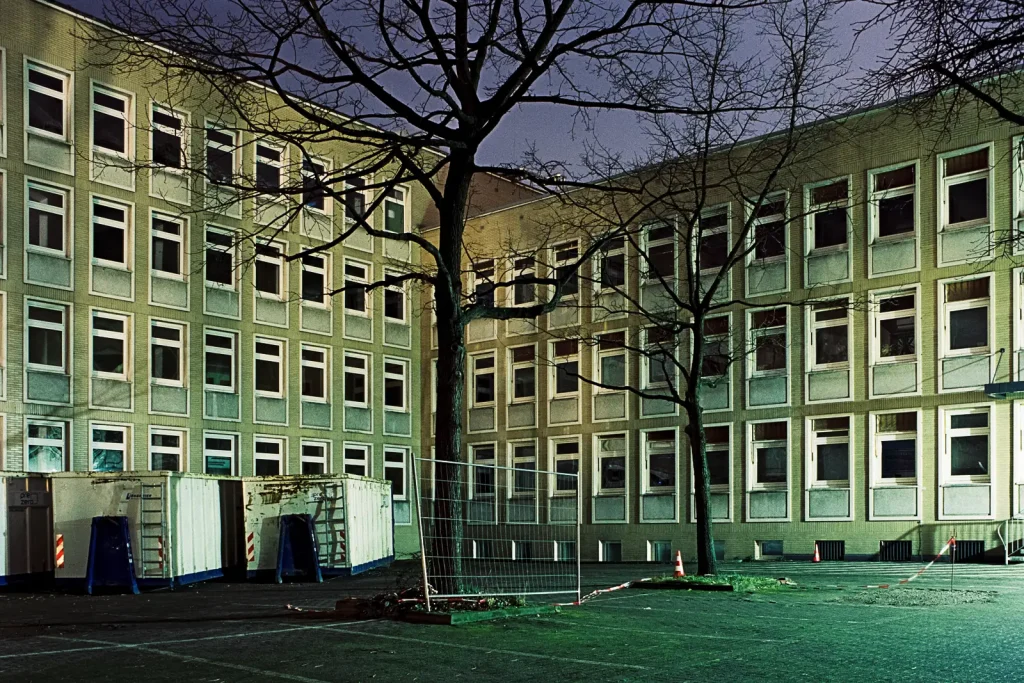 Abandoned office building at night