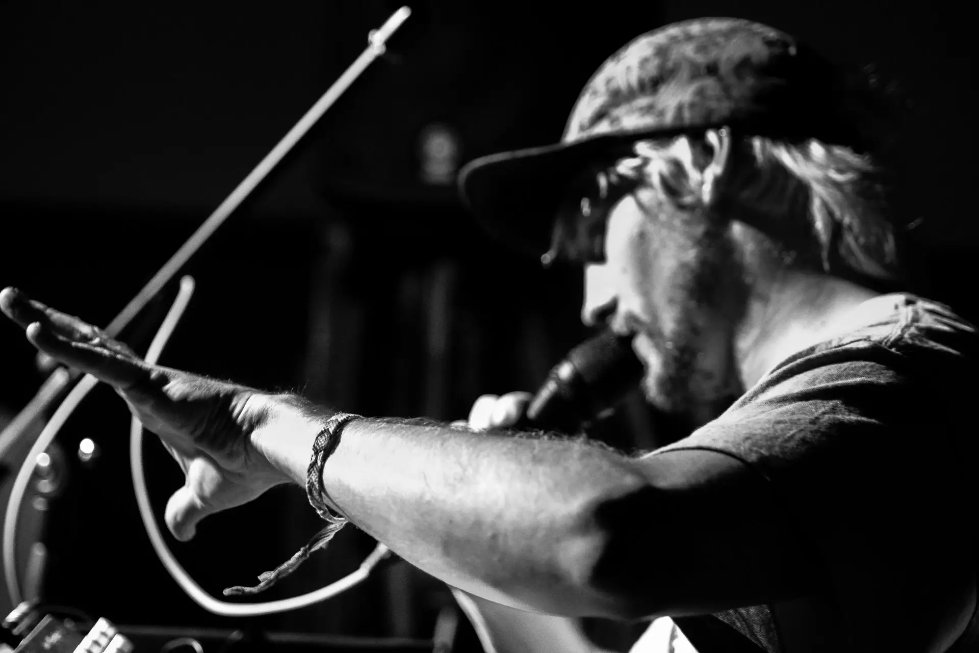 black and white image of a man singing