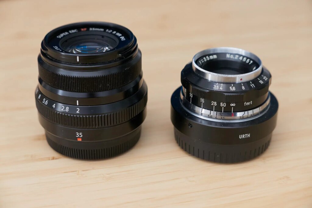 On the left, the Fujifilm XF35mmF2 lens. On the right, the Kyoei W.Acall 35mm f/3.5 lens. The W.Acall is a bit smaller, despite being mounted in a lens adapter.