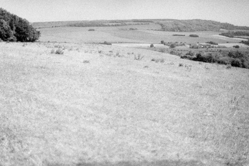 black and white photo of countryside views