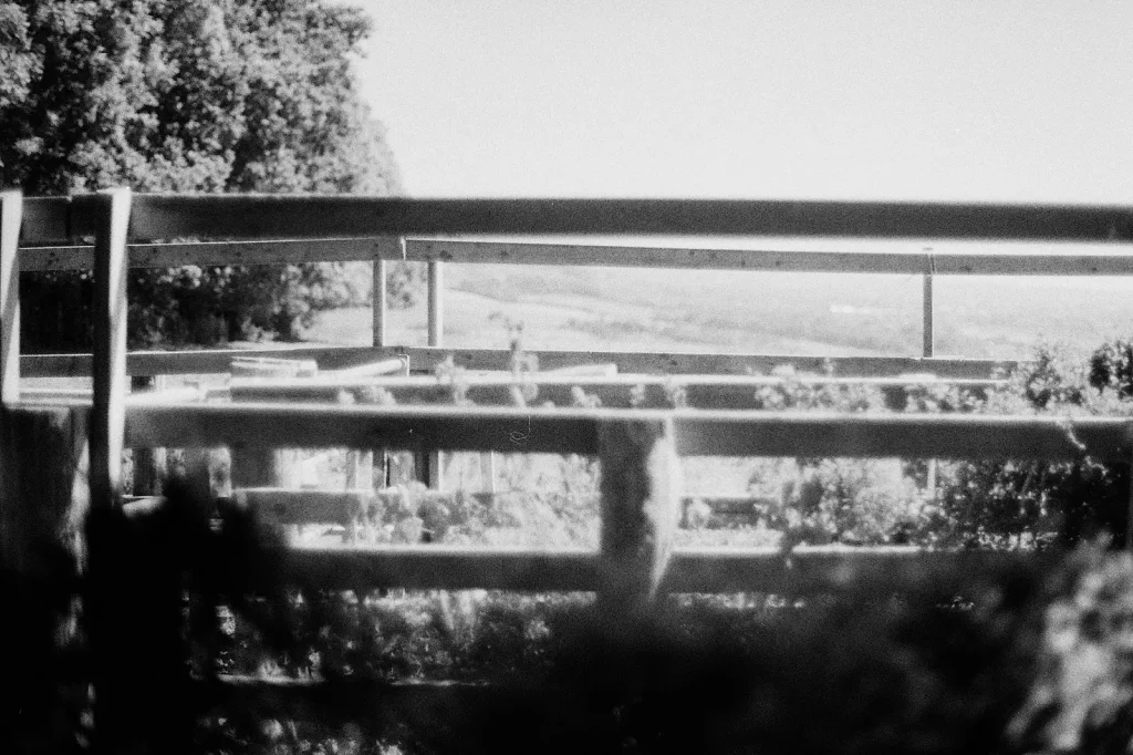 black and white photo of countryside farming