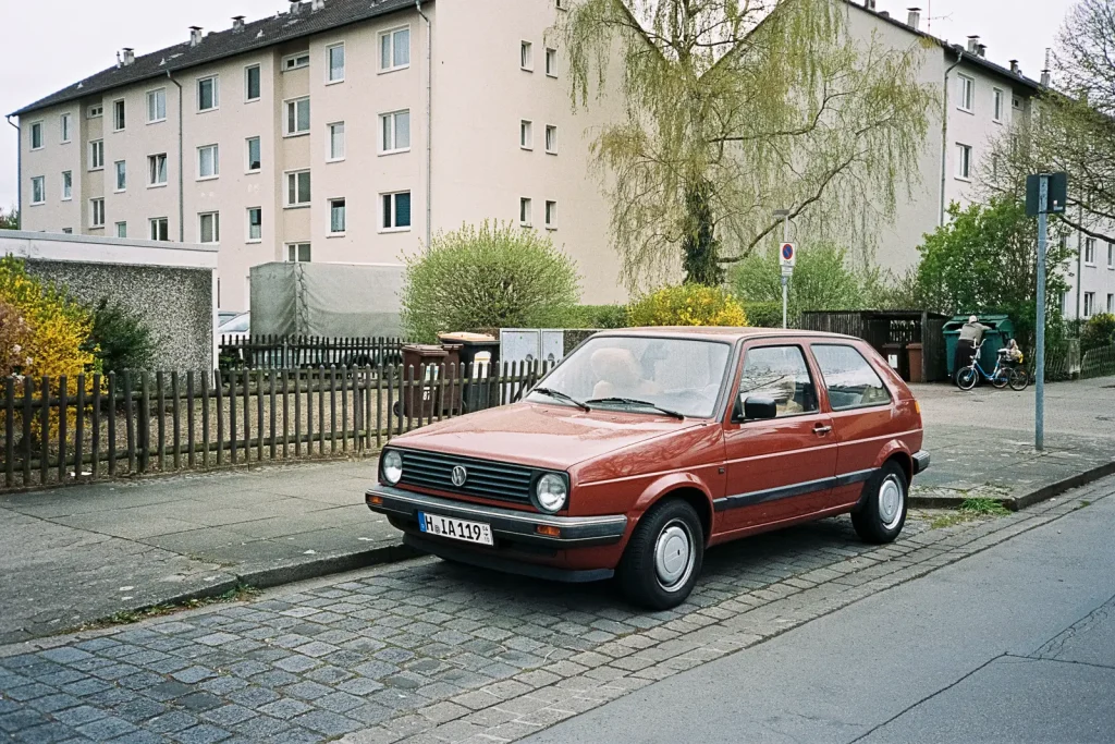 Volkswagen Golf Mk. II parking in front typical German houses from the 1960's, captured with a point-and-shoot camera