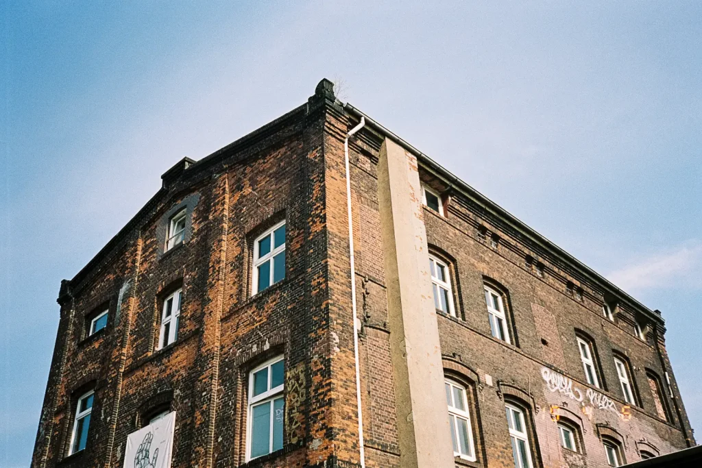  Weathered brick building.