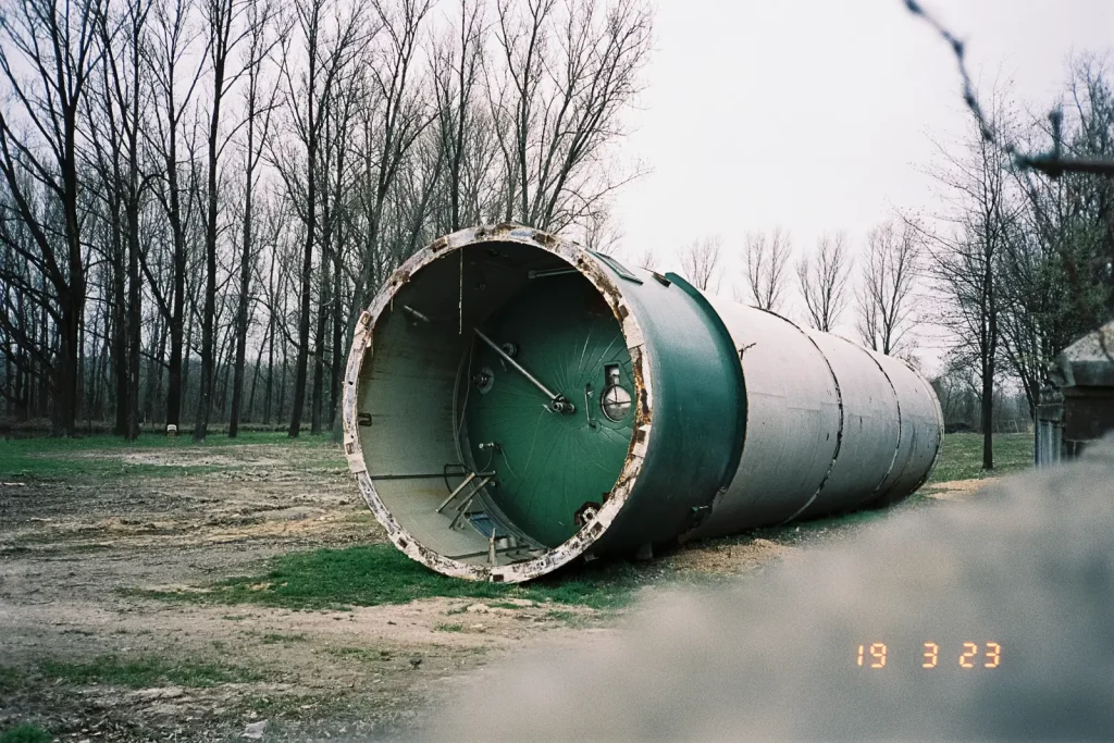 Distillation tower lying on the ground.