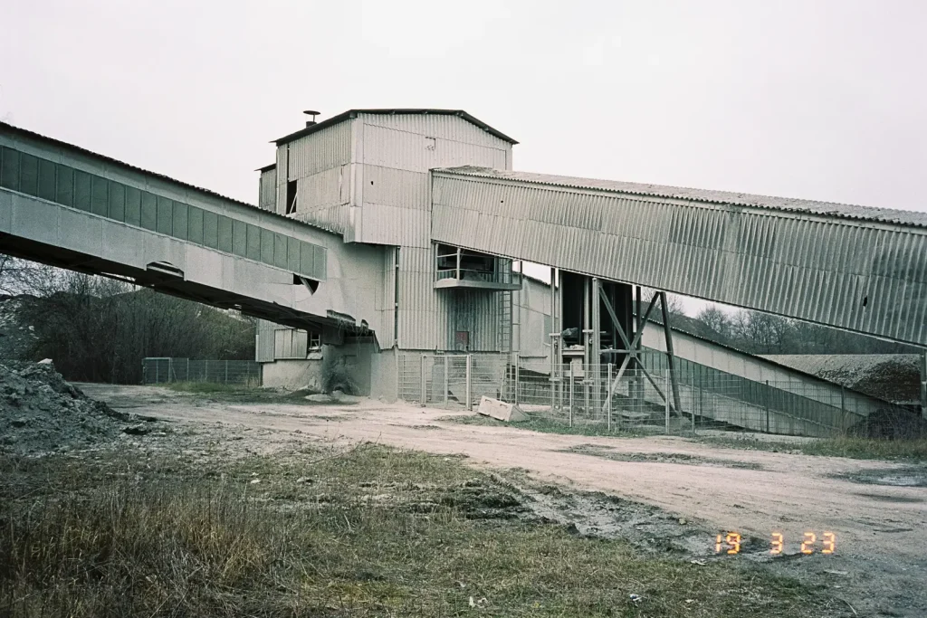 Small building with several conveyor belts leading towards it.