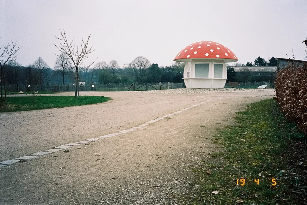A small selling booth in the shape of a fly agaric.