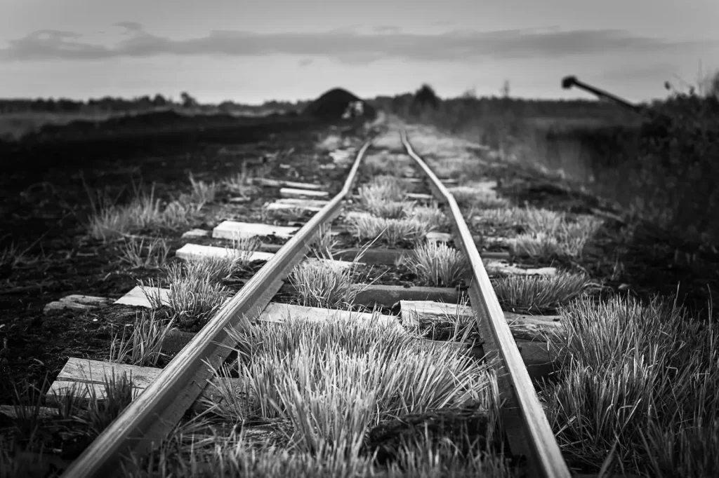 Black and white photograph of bent railroad tracks through the peat bog.