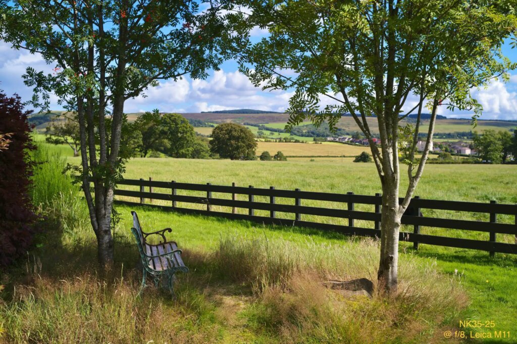 Bench in meadow photographed on the M11 with the Omnar NK35-25