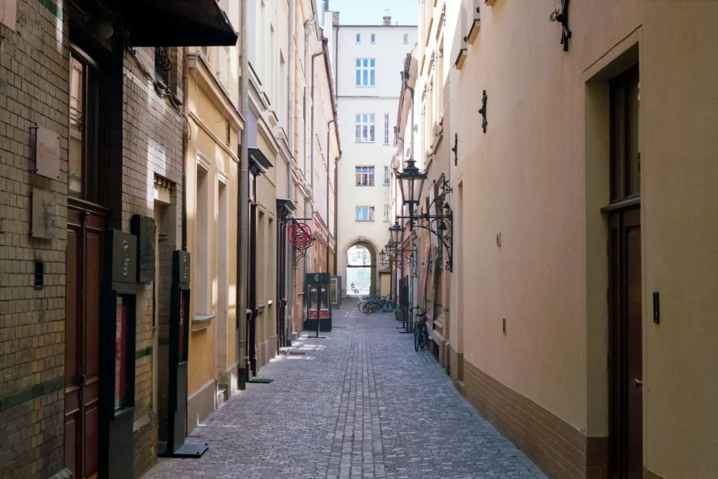 A warmly-coloured alley in Wroclaw.
