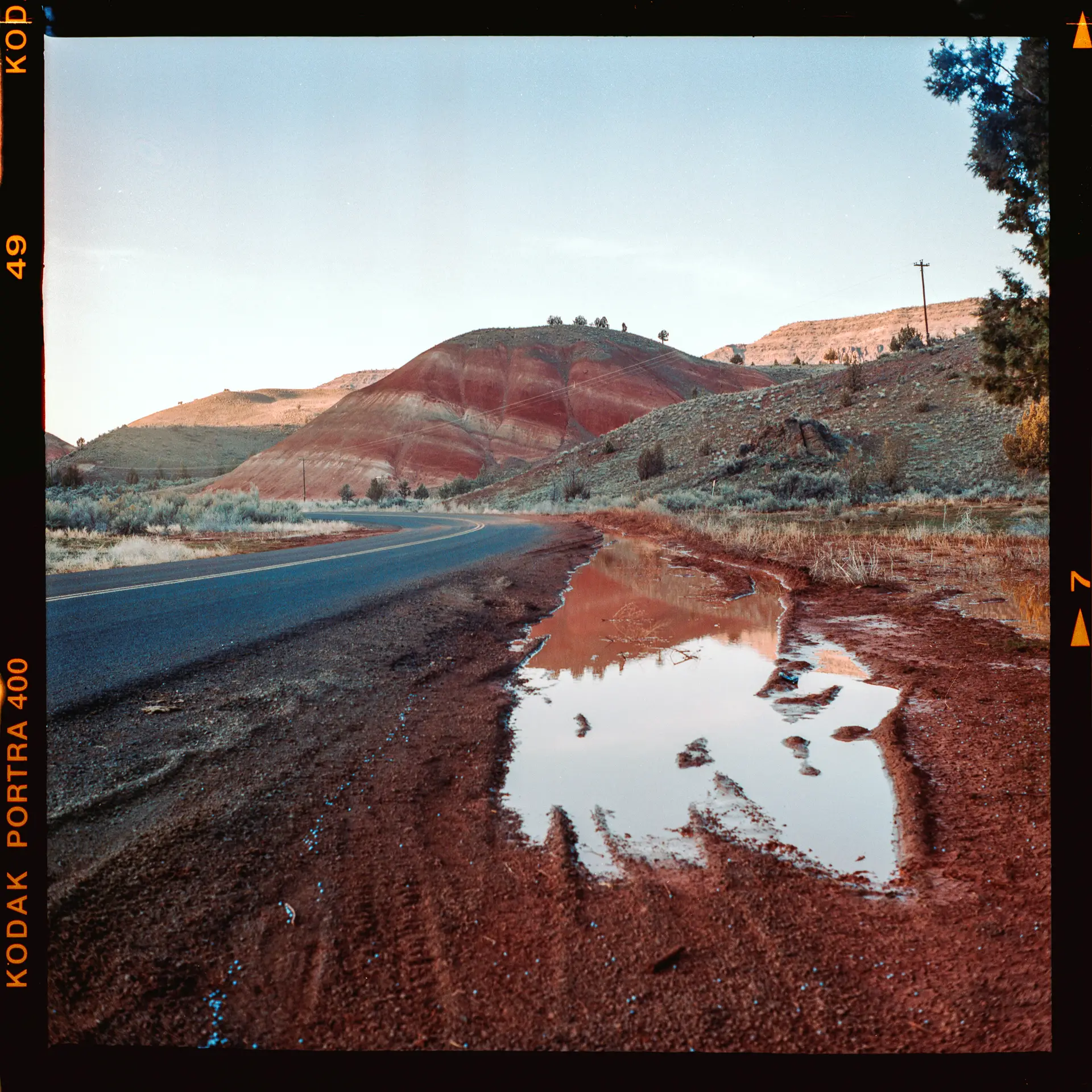 Roadside reflection just after sunset | Portra 400