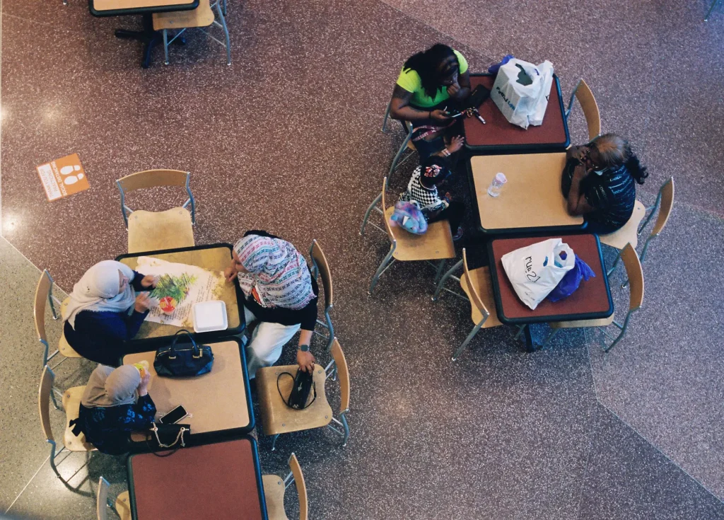 Shot from above of lunchtime diners at Triangle Towne Center Mall in Raleigh, NC.