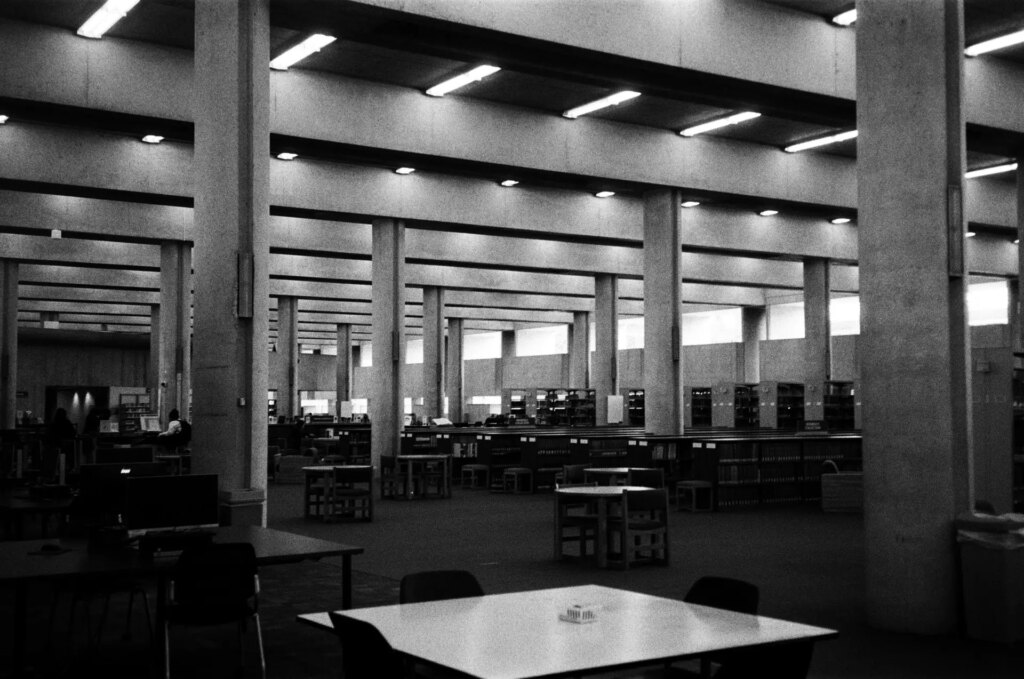 The interior of a library with columns and desks