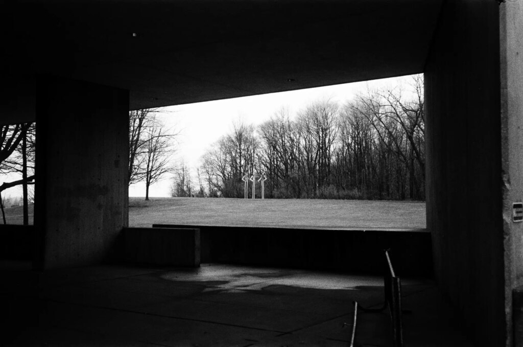 3 metal statues in front of a forest and framed through the window of a walkway