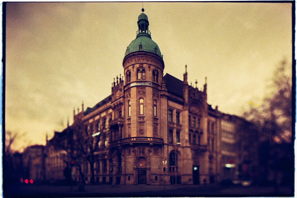 architectural photograph taken on Lomography Redscale film