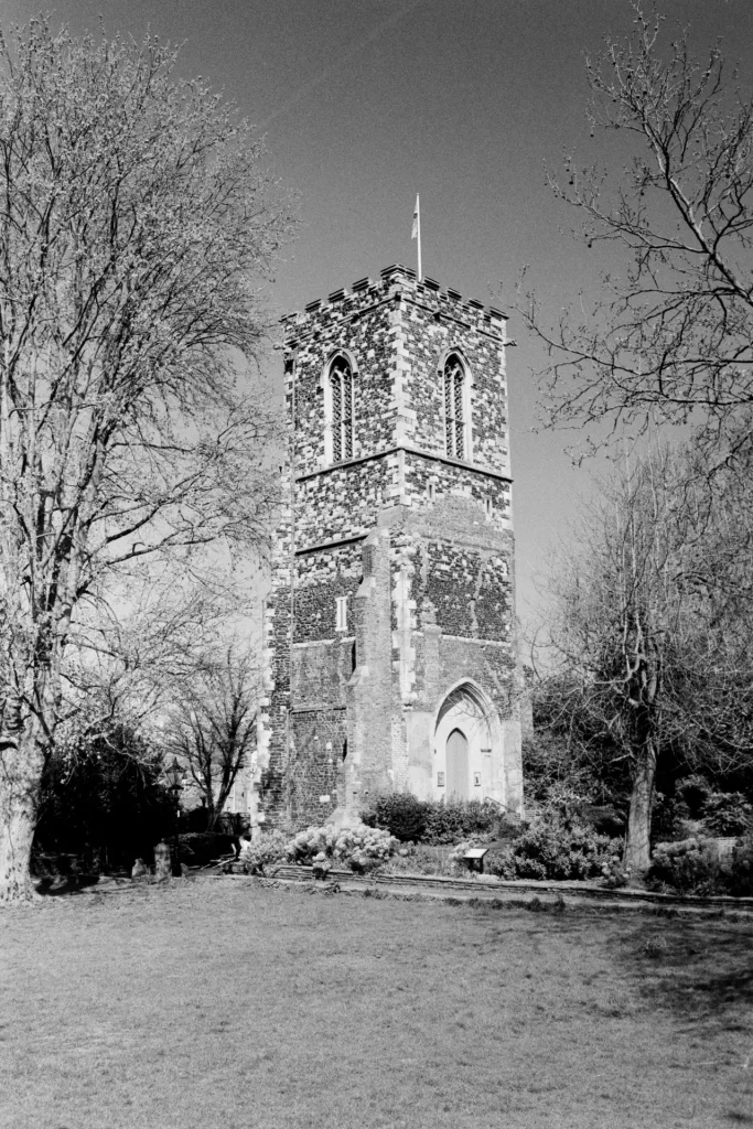 Black and white photograph of Hornsey Tower from the side, showing greater depth of field on 35mm film