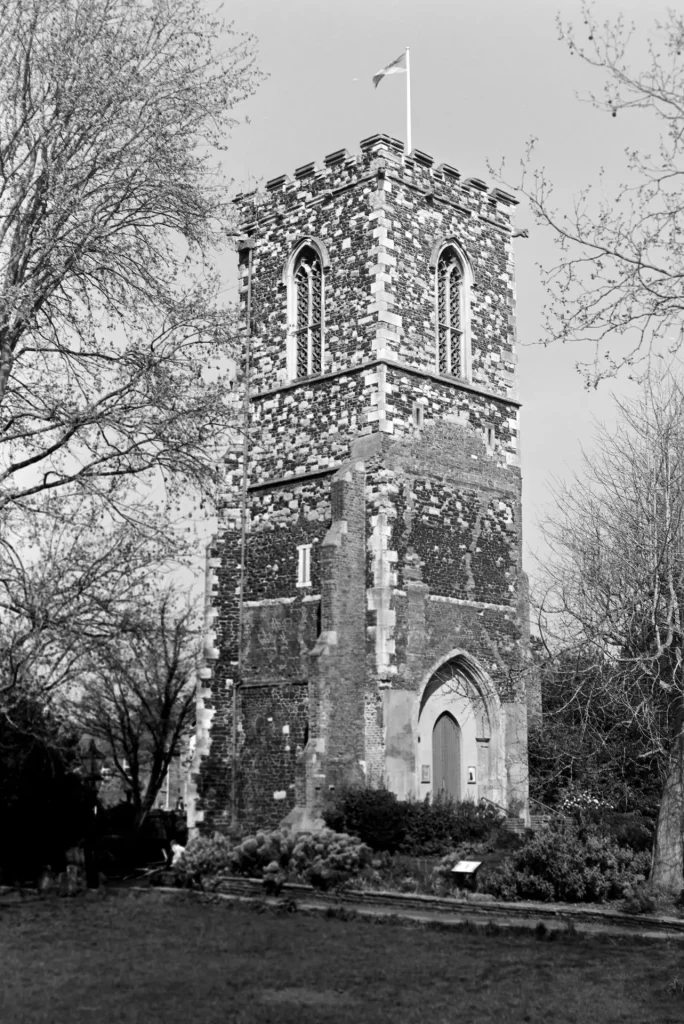 Black and white photograph of Hornsey Church Tower from the side, shot on 120 film and showing very narrow depth of field