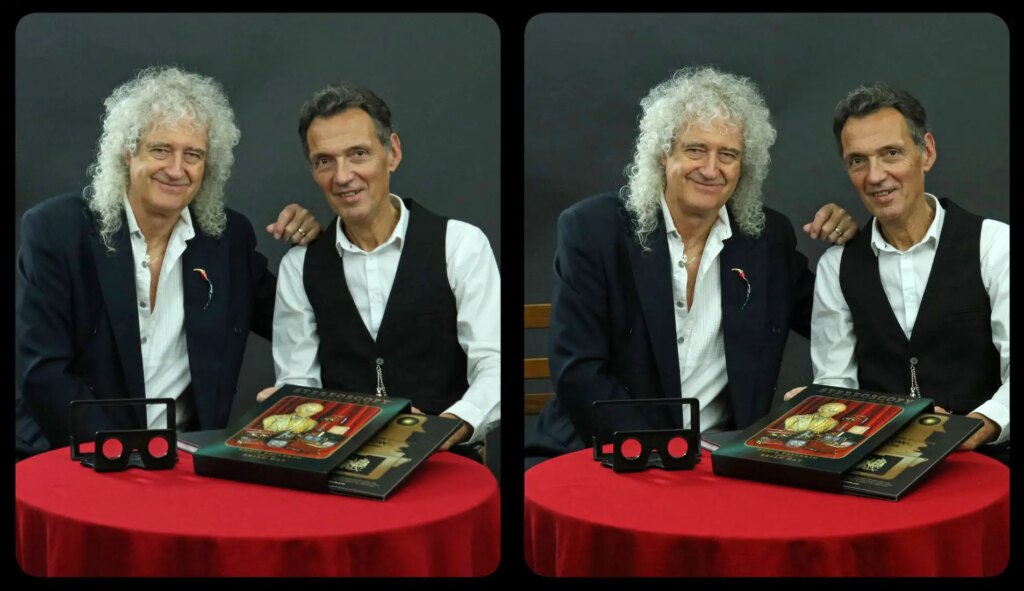 Brian May and Denis Pellerin posing for a portrait together