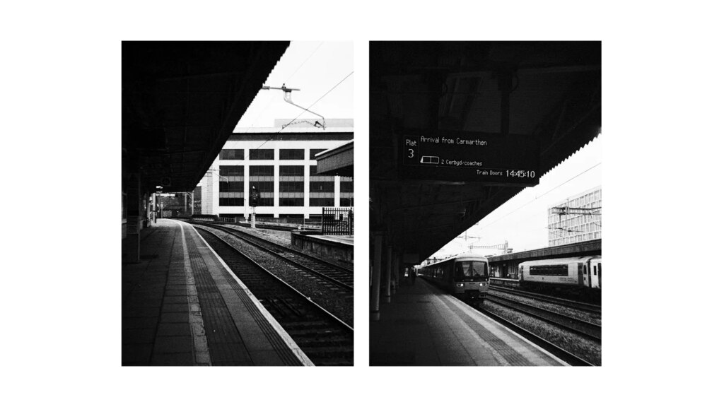 two photos side by side of a train station taken on the agfaphoto half frame camera