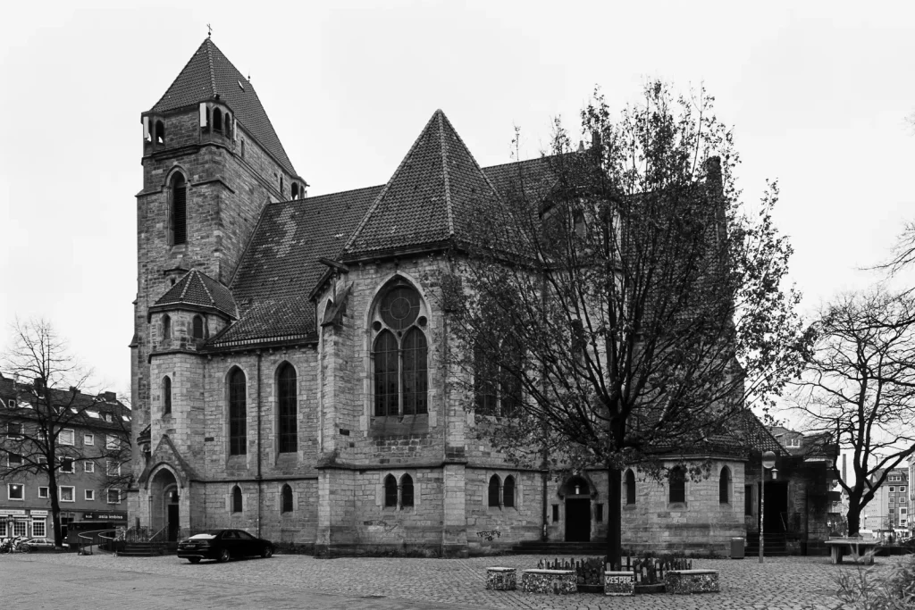 Black-and-white photograph of Lutherkirche church located at Nordstadt quarter in Hannover, Germany.