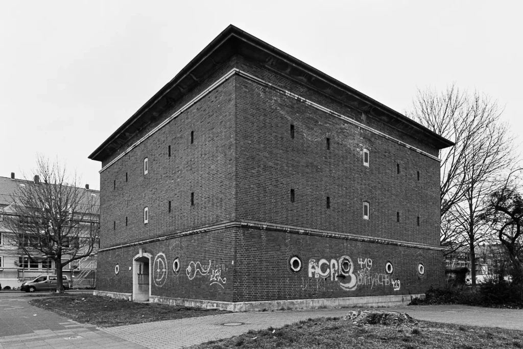 Black-and-white image of an air-raid shelter from world war ii, located in Hannover (Germany).