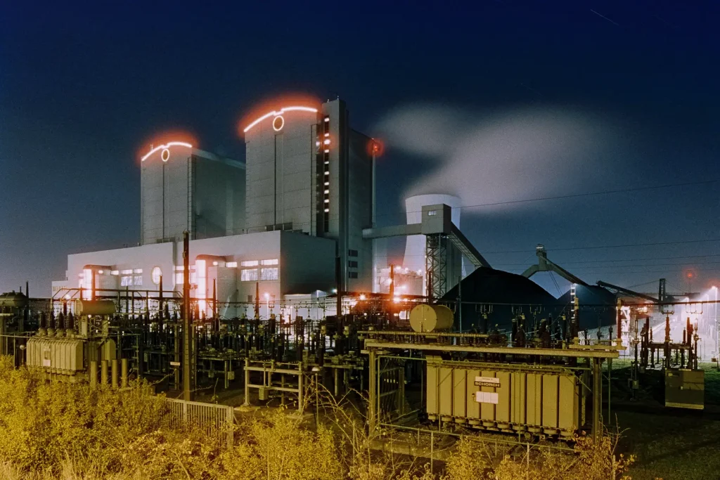 coal power plant shot at night on CineStill film