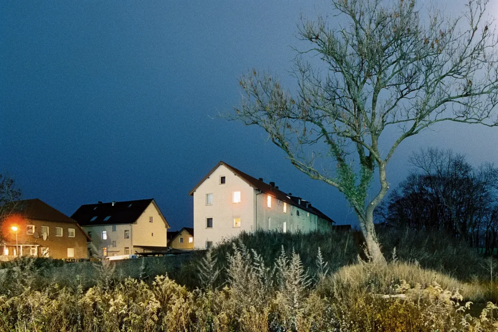 Residential area shot at night on CineStill film.