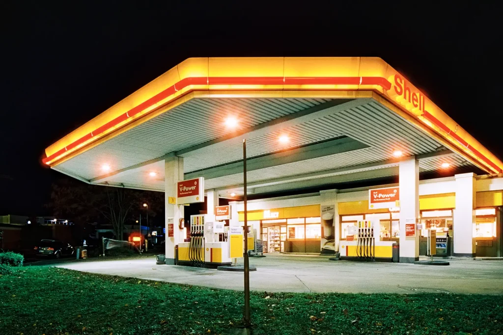 Shell-owned filling station shot at night on CineStill film