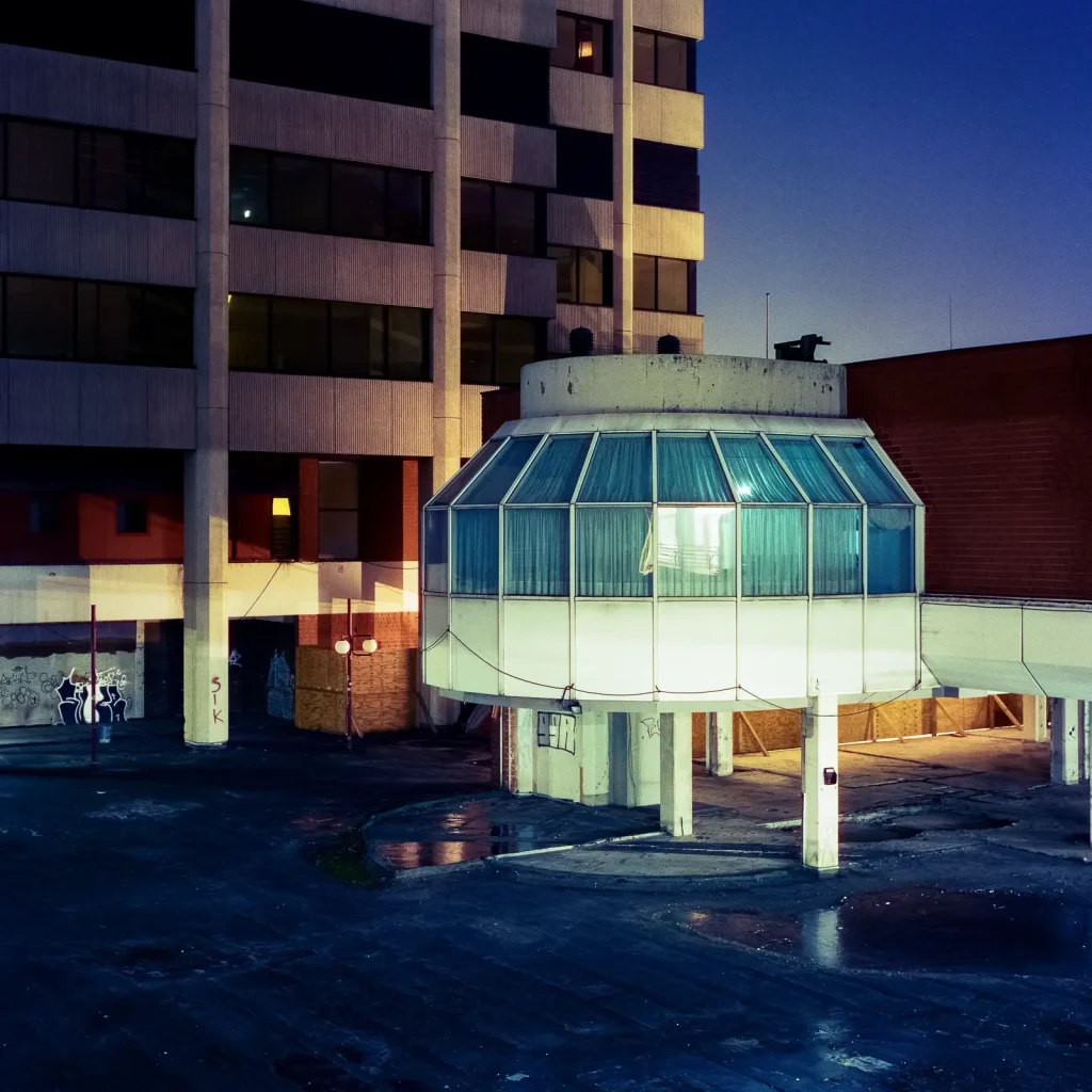 inner yard of "Ihme-Zentrum" housing complex in Hanover, shot at night on CineStill film